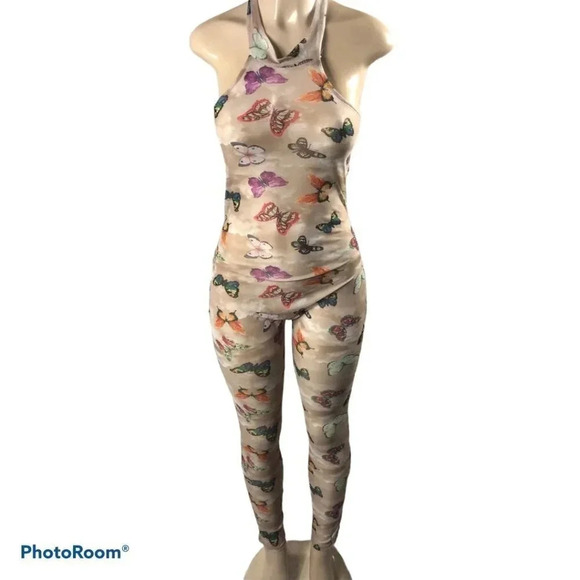 One Piece Mesh Size Medium Butterflies Multi Color Print Pants Romper. - Picture 1 of 3